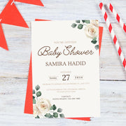 Baby shower Floral Baby Shower Invitation Template | Editable Beige Rose and Green Leaf Canva gender reveal invite Design