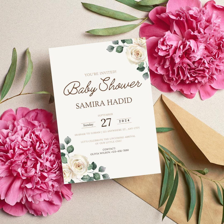 Baby shower Floral Baby Shower Invitation Template | Editable Beige Rose and Green Leaf Canva gender reveal invite Design