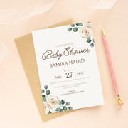 Baby shower Floral Baby Shower Invitation Template | Editable Beige Rose and Green Leaf Canva gender reveal invite Design