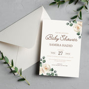 Baby shower Floral Baby Shower Invitation Template | Editable Beige Rose and Green Leaf Canva gender reveal invite Design