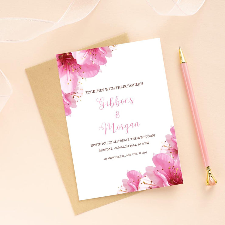 Floral Pink Wedding Invitation Template | Editable Canva Invitation Card | Customizable Wedding party Invite instant Download