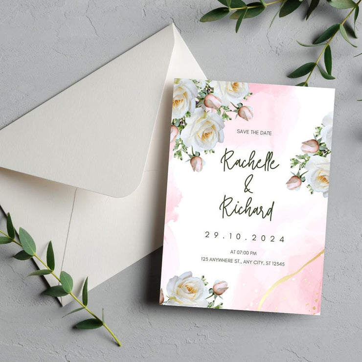 Pink floral and White Rose Wedding Invitation Template | Editable Pink Watercolor Accents | Instant Download Canva design