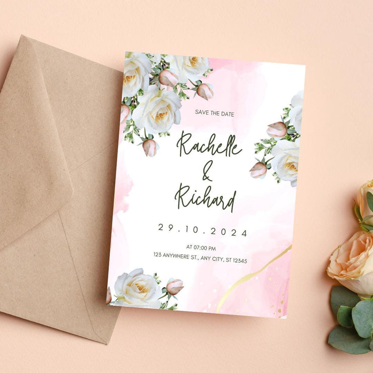 Pink floral and White Rose Wedding Invitation Template | Editable Pink Watercolor Accents | Instant Download Canva design