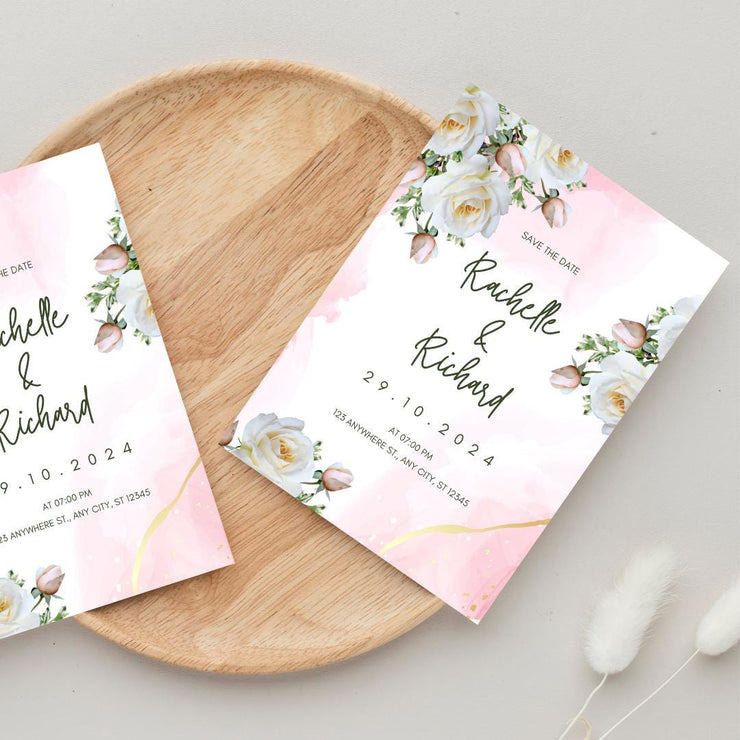 Pink floral and White Rose Wedding Invitation Template | Editable Pink Watercolor Accents | Instant Download Canva design