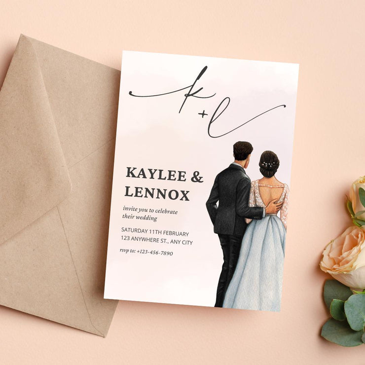 Customizable Digital Wedding Invitation with Elegant Couple Illustration | Editable Canva Template- simple wedding invitation design