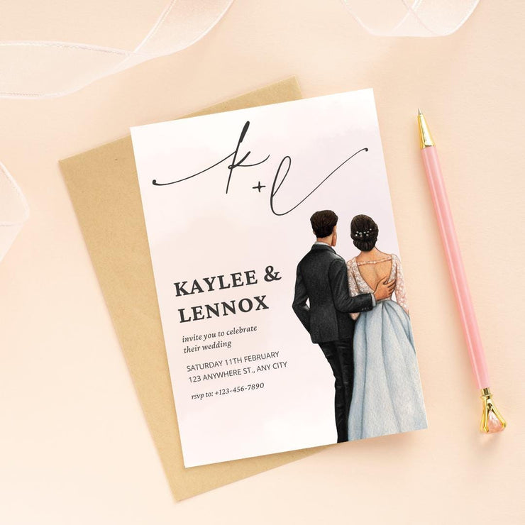 Customizable Digital Wedding Invitation with Elegant Couple Illustration | Editable Canva Template- simple wedding invitation design