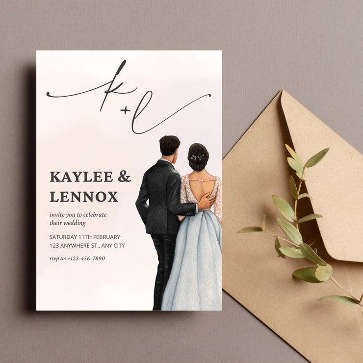 Customizable Digital Wedding Invitation with Elegant Couple Illustration | Editable Canva Template- simple wedding invitation design