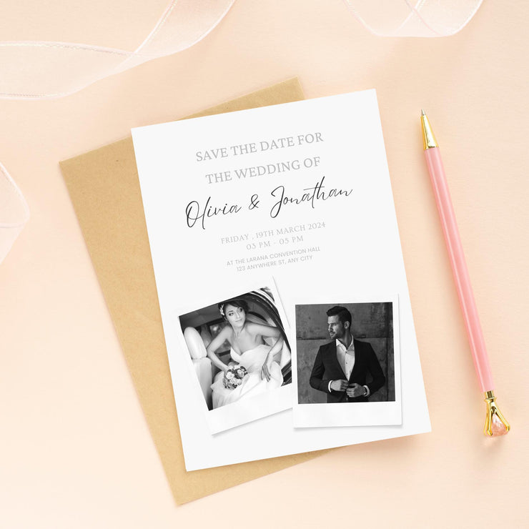 Personalized Modern Polaroid Wedding Invitation Template – Minimalist Black-and-White Design with Customizable Canva design for Easy Editing