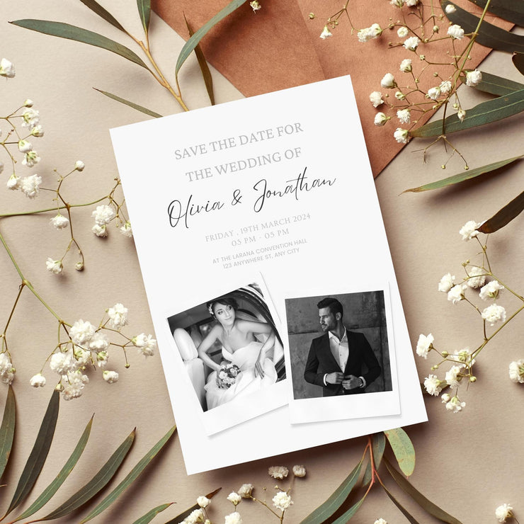 Personalized Modern Polaroid Wedding Invitation Template – Minimalist Black-and-White Design with Customizable Canva design for Easy Editing