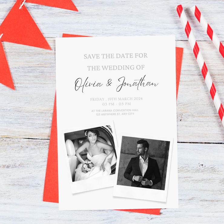 Personalized Modern Polaroid Wedding Invitation Template – Minimalist Black-and-White Design with Customizable Canva design for Easy Editing