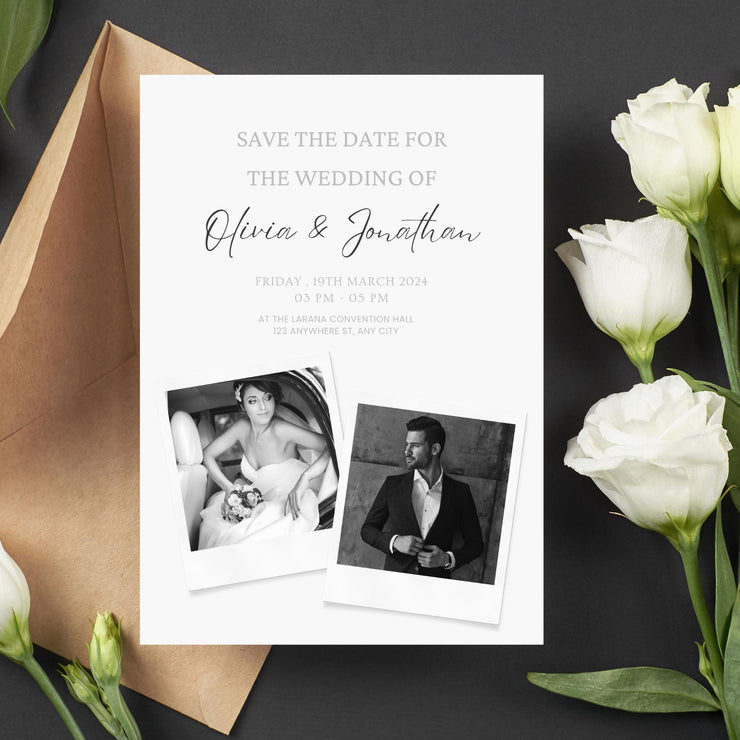 Personalized Modern Polaroid Wedding Invitation Template – Minimalist Black-and-White Design with Customizable Canva design for Easy Editing