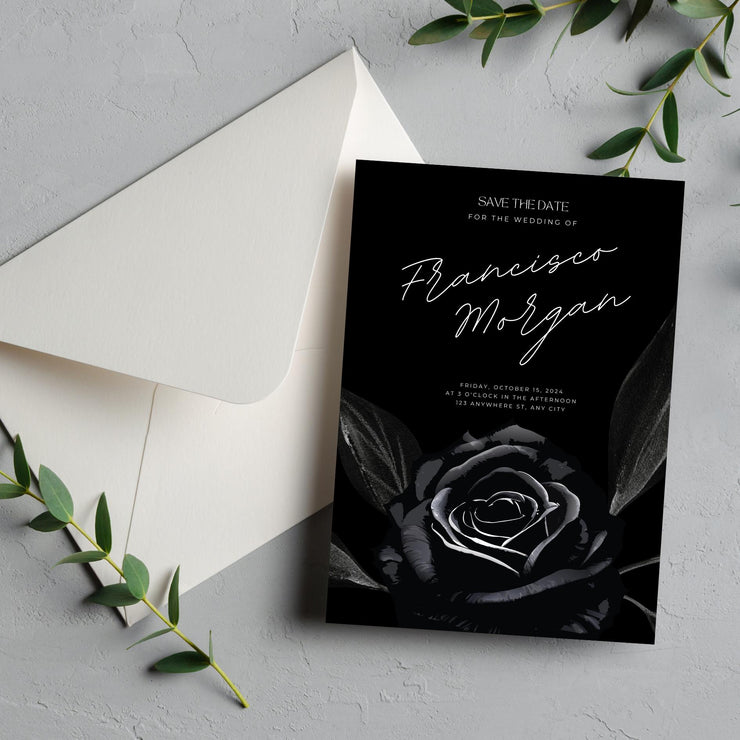 Black Rose Elegant Wedding Invitation Template - Customizable Canva Design| black theme wedding