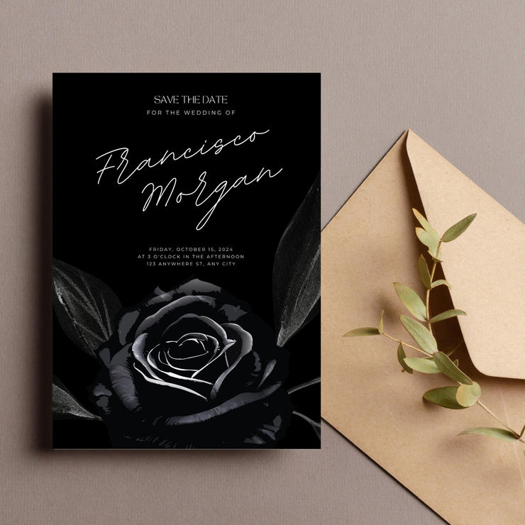 Black Rose Elegant Wedding Invitation Template - Customizable Canva Design| black theme wedding