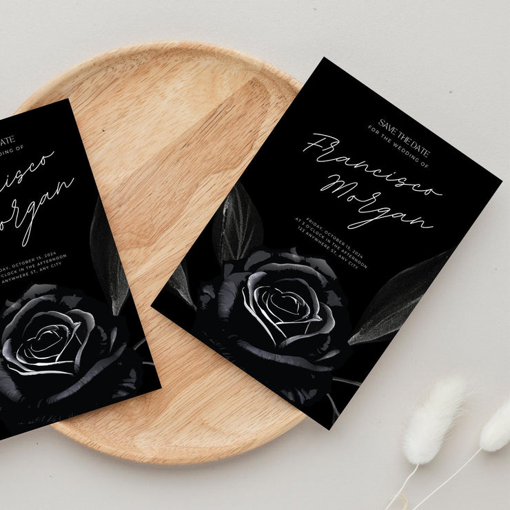 Black Rose Elegant Wedding Invitation Template - Customizable Canva Design| black theme wedding