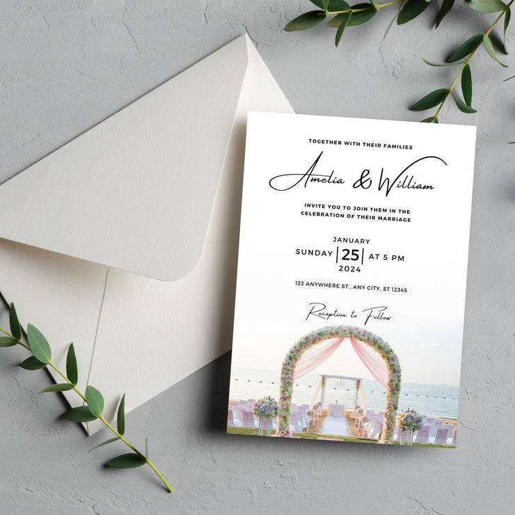 Beach Wedding Invitation Template | Editable Floral Arch Design | Digital Wedding Invite |wedding party