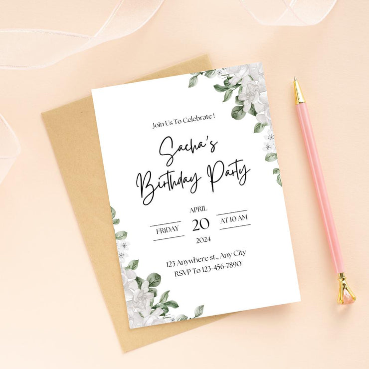 Floral Greenery Birthday Invitation | Customizable Digital Template for Elegant Celebrations- party invite