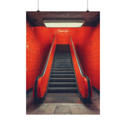 Urban Red Subway Escalator Art Print, Minimalist Wall Decor, Modern Industrial Poster, Red Tiled Underground Art, Contemporary Home Decor