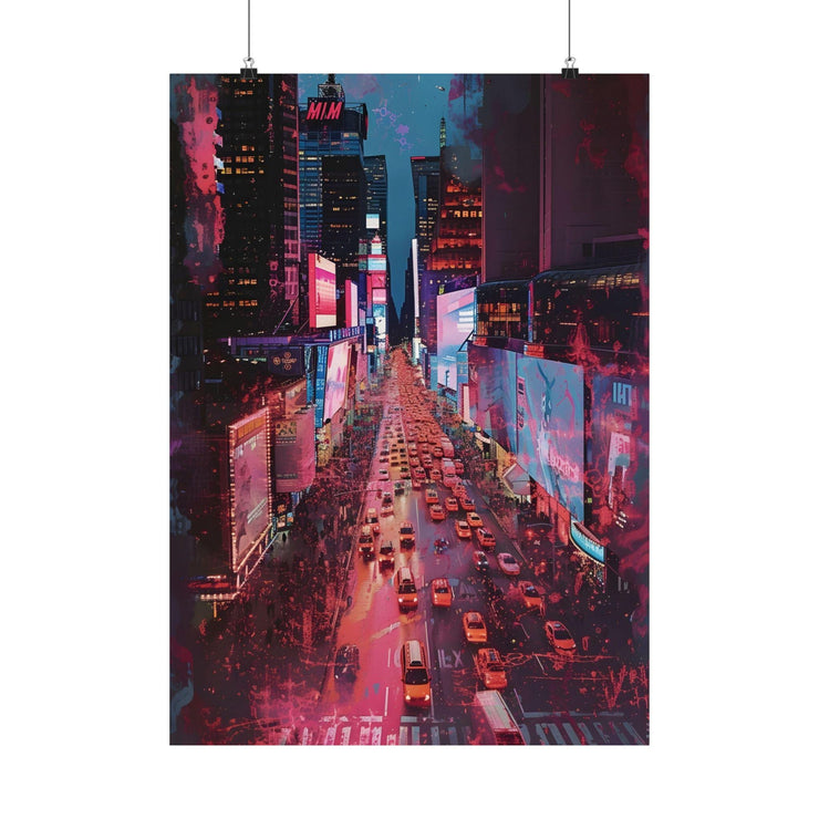 Times Square Neon Cityscape Poster - Urban Night Wall Art Print, New York City Street View, Modern Digital Art for Home Decor