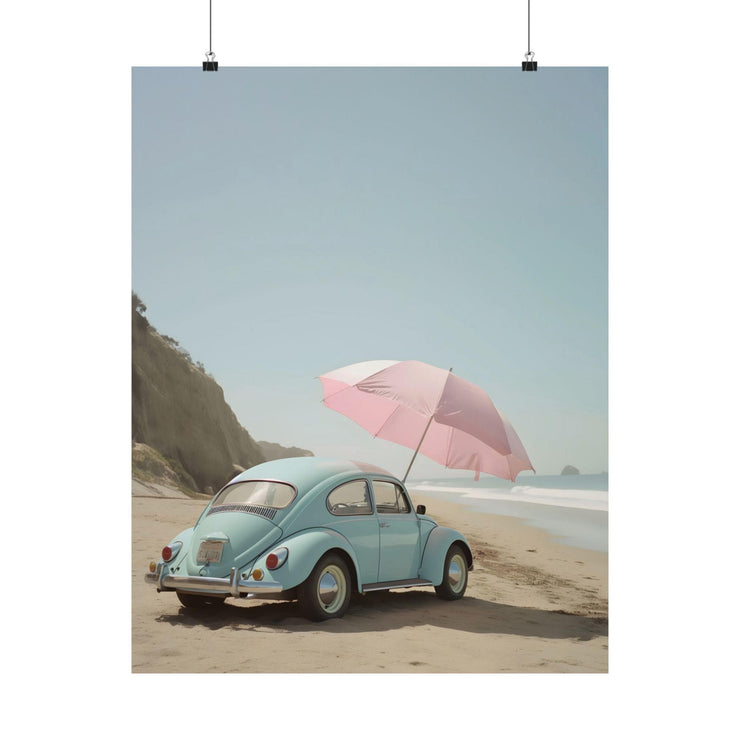 Retro Car Art Print, Vintage Car with Pink Umbrella Wall Art, Coastal Beach Decor Poster, Summer Vibes Wall Art, Blue Beetle Beach Scene