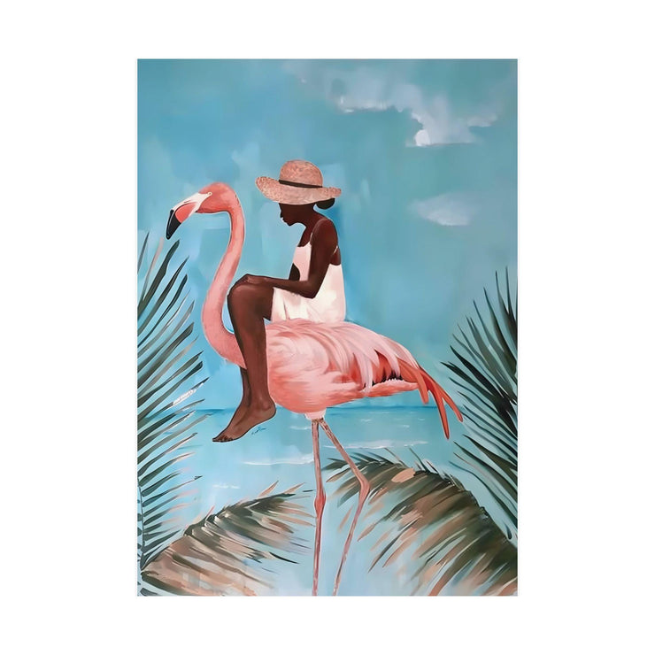 Elegant Flamingo Art Print | Coastal Wall Art Poster | African Woman Tropical Decor | Boho Animal Print | Vibrant Matte Art for Home