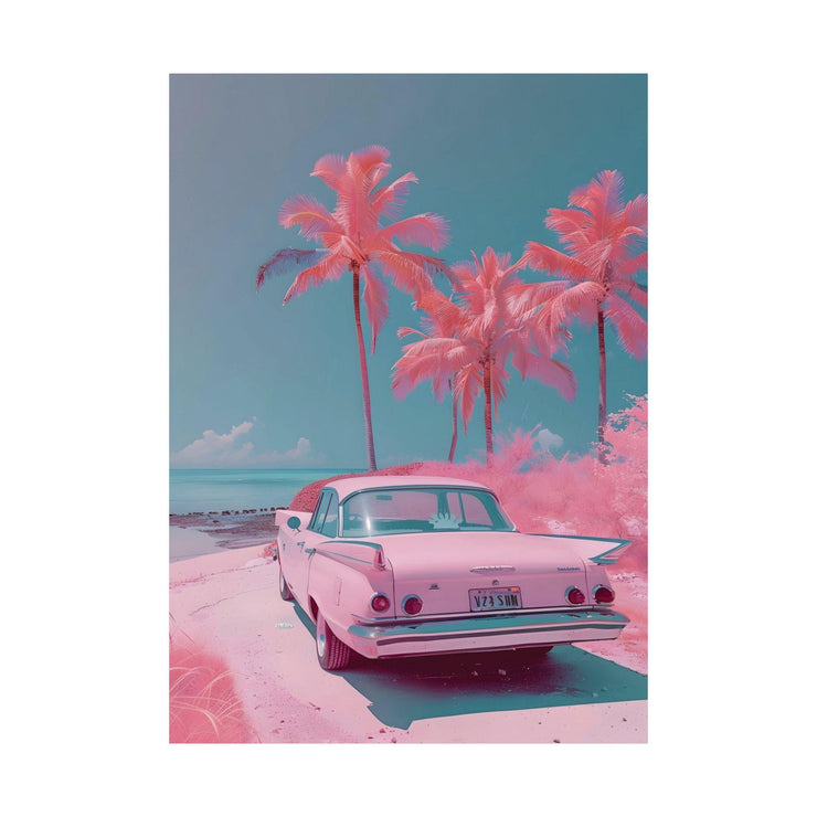 Retro Beach Wall Art- Pink Vintage Car and Palm Trees - Art Print for Home Decor - Premium Matte Poster for Modern Living Room or Bedroom