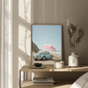 Retro Car Art Print, Vintage Car with Pink Umbrella Wall Art, Coastal Beach Decor Poster, Summer Vibes Wall Art, Blue Beetle Beach Scene