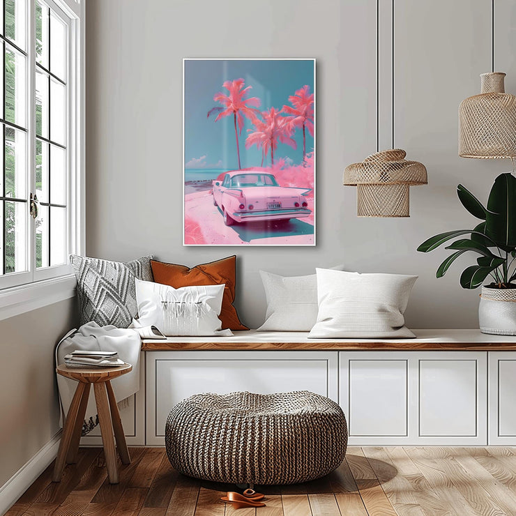 Retro Beach Wall Art- Pink Vintage Car and Palm Trees - Art Print for Home Decor - Premium Matte Poster for Modern Living Room or Bedroom