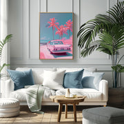 Retro Beach Wall Art- Pink Vintage Car and Palm Trees - Art Print for Home Decor - Premium Matte Poster for Modern Living Room or Bedroom