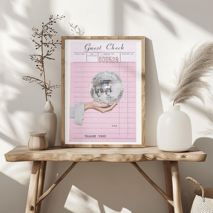 Retro Disco Ball Art Print | Pink Guest Check Poster | Vintage Aesthetic Wall Decor | Fun Bar Room Poster | 80s Dance Vibe Home Decor