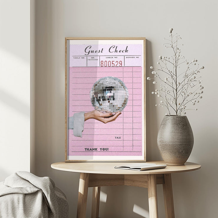 Retro Disco Ball Art Print | Pink Guest Check Poster | Vintage Aesthetic Wall Decor | Fun Bar Room Poster | 80s Dance Vibe Home Decor