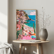 Colourful Mediterranean Beach Wall Art - Italian Coastal Village Poster - Vibrant Seaside Decor Print - Pink and Blue Pastel Beach Landscape