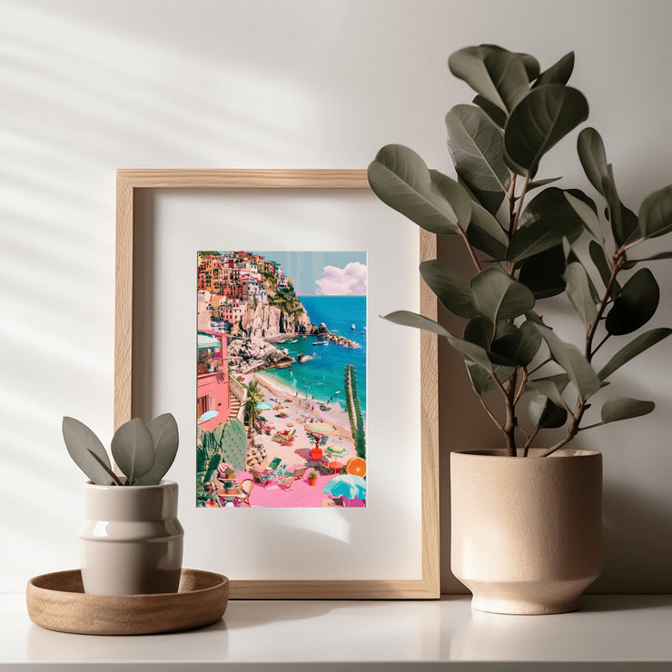 Colourful Mediterranean Beach Wall Art - Italian Coastal Village Poster - Vibrant Seaside Decor Print - Pink and Blue Pastel Beach Landscape