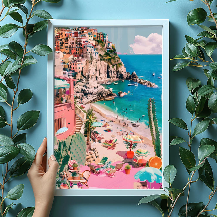 Colourful Mediterranean Beach Wall Art - Italian Coastal Village Poster - Vibrant Seaside Decor Print - Pink and Blue Pastel Beach Landscape