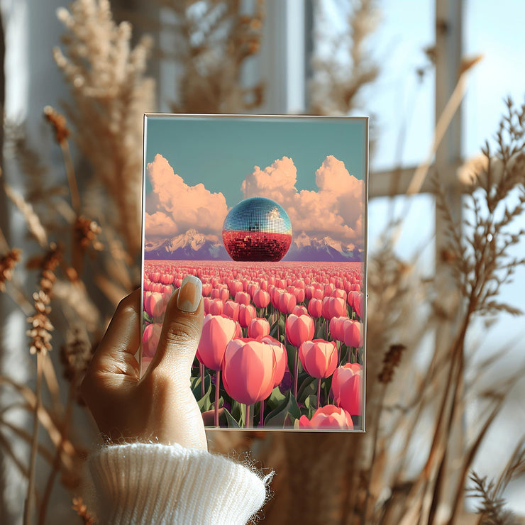 Disco Ball in Tulip Field Art Print– Floral Landscape Wall Art, Vintage Poster, Pink Tulip Mountains, Unique Boho Aesthetic Home Decor