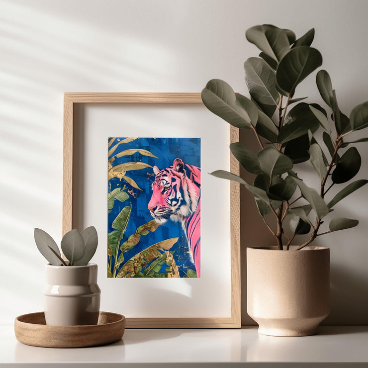 Pink Tiger Jungle Wall Art Poster | Vibrant Blue Botanical Print | Modern Animal Decor / Matte poster