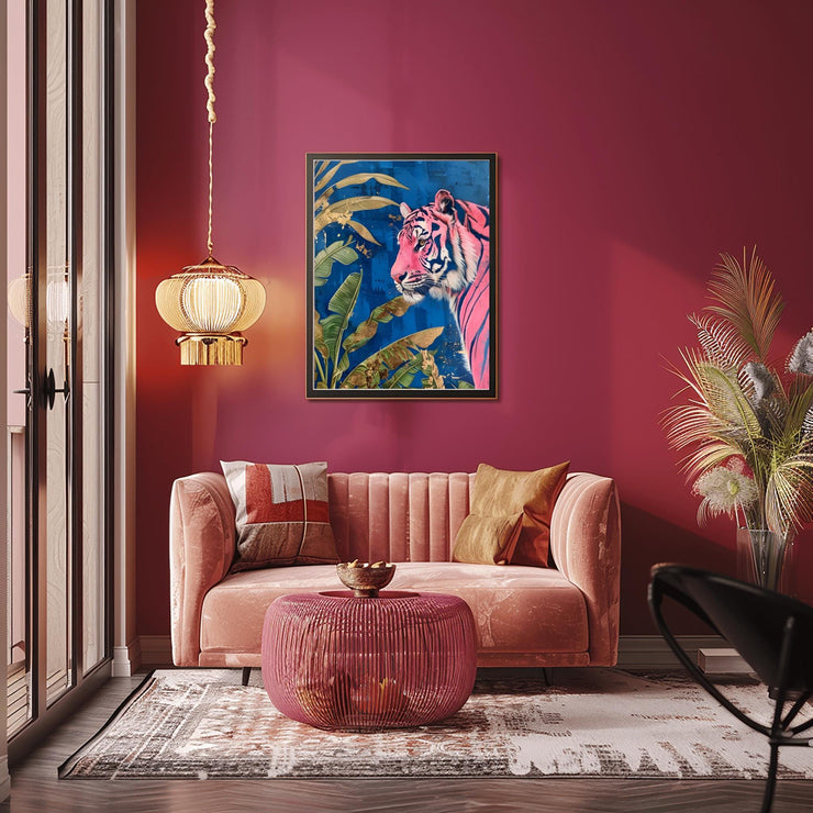 Pink Tiger Jungle Wall Art Poster | Vibrant Blue Botanical Print | Modern Animal Decor / Matte poster