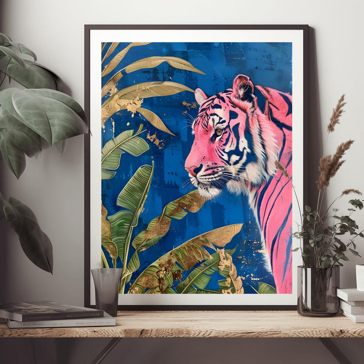 Pink Tiger Jungle Wall Art Poster | Vibrant Blue Botanical Print | Modern Animal Decor / Matte poster