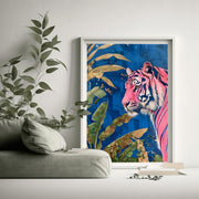 Pink Tiger Jungle Wall Art Poster | Vibrant Blue Botanical Print | Modern Animal Decor / Matte poster