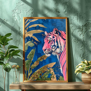 Pink Tiger Jungle Wall Art Poster | Vibrant Blue Botanical Print | Modern Animal Decor / Matte poster