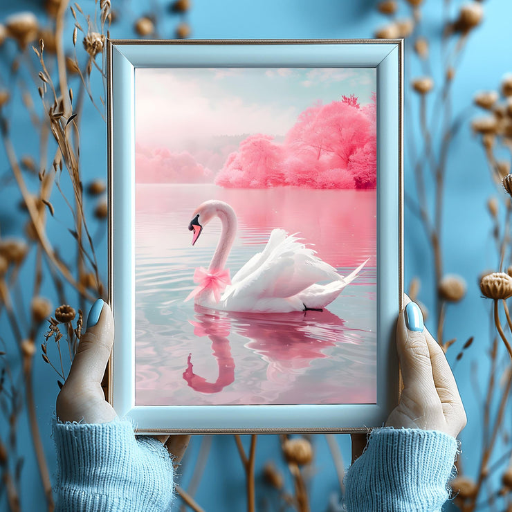 Elegant Swan Wall Art Poster, Pink Pastel Lake Scene, Romantic Animal Decor, Aesthetic Wildlife Print, Nursery & Bedroom Art