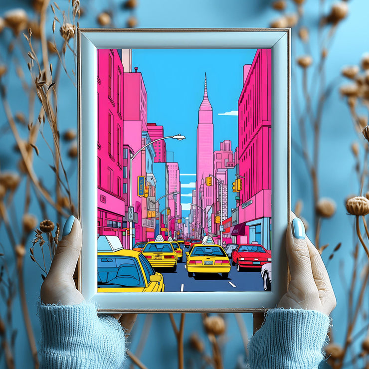 New York City Pop Art Poster - Vibrant Urban Street Scene Wall Decor - Colorful NYC Taxi Print - Modern Cityscape Art Print for Home- Office