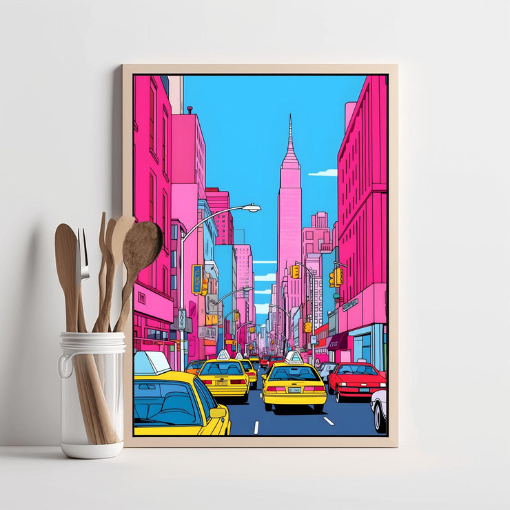 New York City Pop Art Poster - Vibrant Urban Street Scene Wall Decor - Colorful NYC Taxi Print - Modern Cityscape Art Print for Home- Office