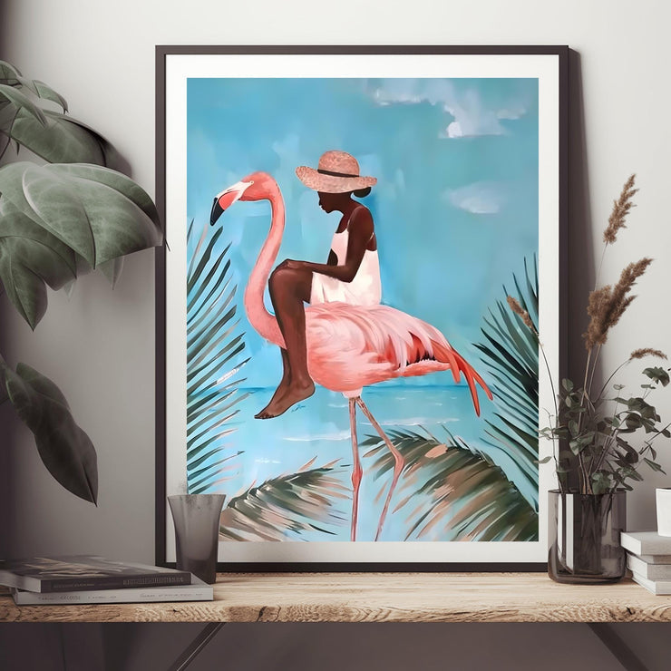 Elegant Flamingo Art Print | Coastal Wall Art Poster | African Woman Tropical Decor | Boho Animal Print | Vibrant Matte Art for Home