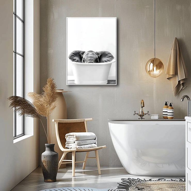 Elephant in Bathtub Wall Art Print – Modern Animal Poster, Unique Bathroom Decor, Premium Matte Poster, Funny Elephant Print for Home Decor