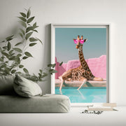 Quirky Giraffe Poolside Art Print | Pink Sunglasses Wall Art | Fun Animal Decor Poster for Home or Office