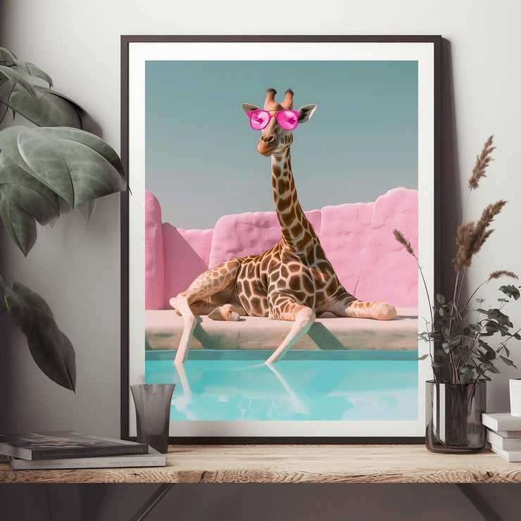 Quirky Giraffe Poolside Art Print | Pink Sunglasses Wall Art | Fun Animal Decor Poster for Home or Office