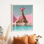 Quirky Giraffe Poolside Art Print | Pink Sunglasses Wall Art | Fun Animal Decor Poster for Home or Office