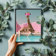 Quirky Giraffe Poolside Art Print | Pink Sunglasses Wall Art | Fun Animal Decor Poster for Home or Office