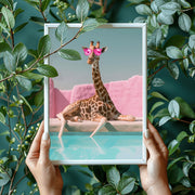 Quirky Giraffe Poolside Art Print | Pink Sunglasses Wall Art | Fun Animal Decor Poster for Home or Office