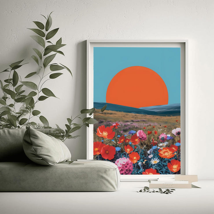 Vibrant Sunset Wildflower Meadow Art Print - Bold Minimalist Landscape Poster - Boho Wall Decor- nature poster